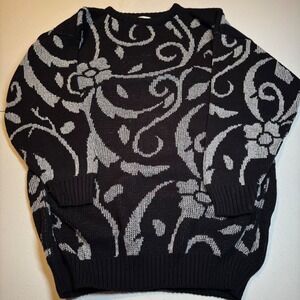 Ellen-D Kollection Vintage 80s 90s Silver Metallic Floral Knit Sweater Large USA